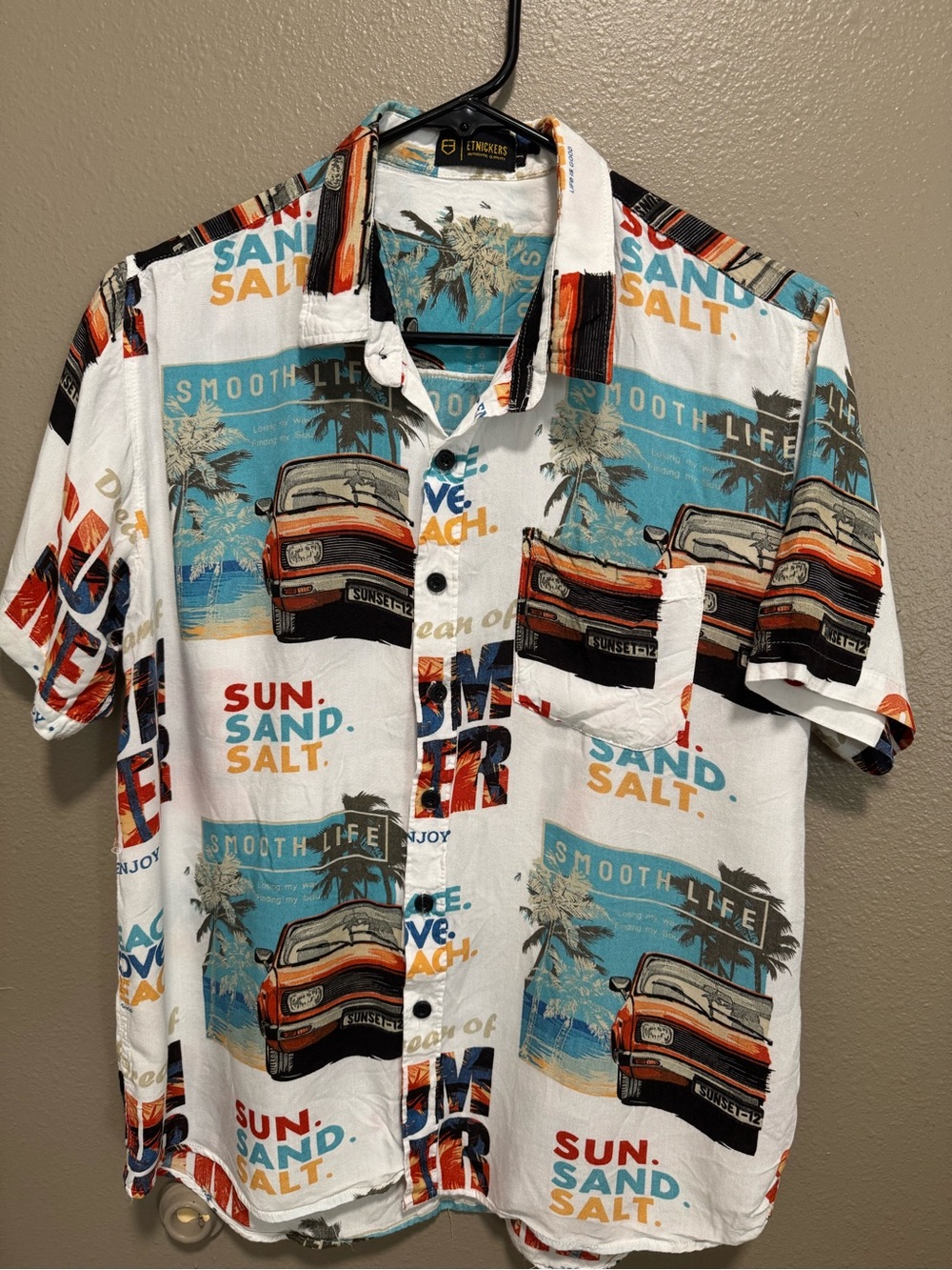 Men’s Short-Sleeve Button-Down Shirt - White with Blue & Orange Print